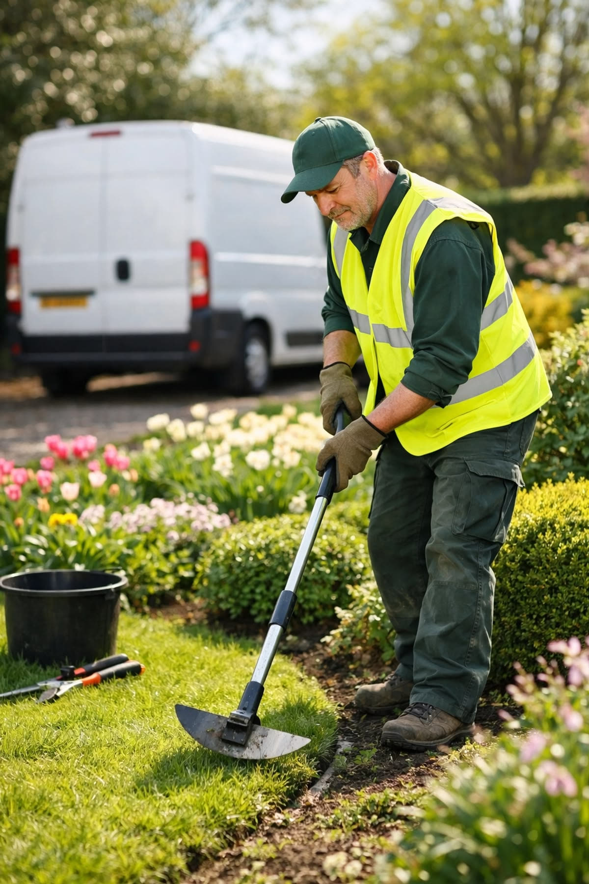 Hands potting plants with garden tools