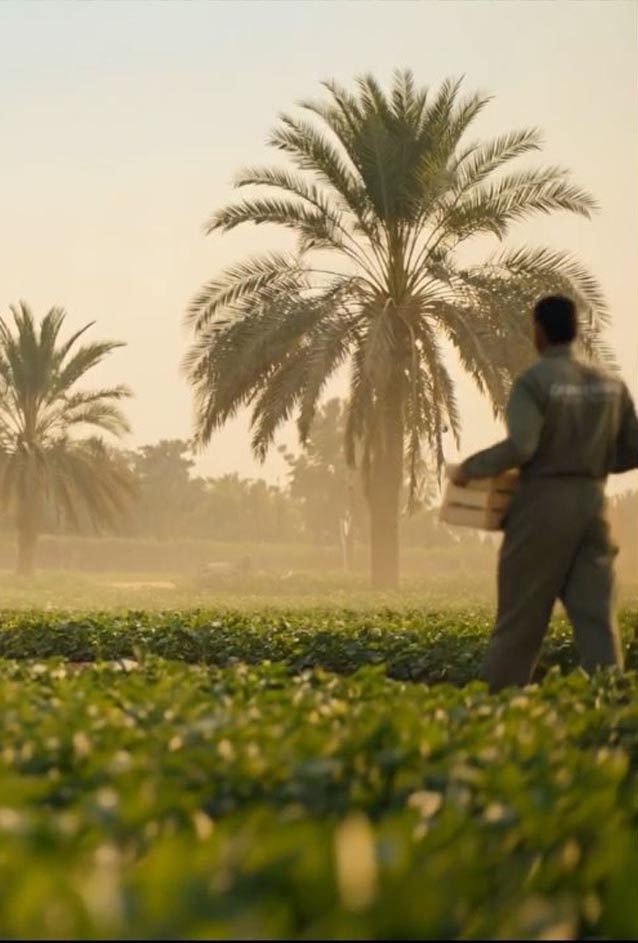 Tractor and field workers among date palms